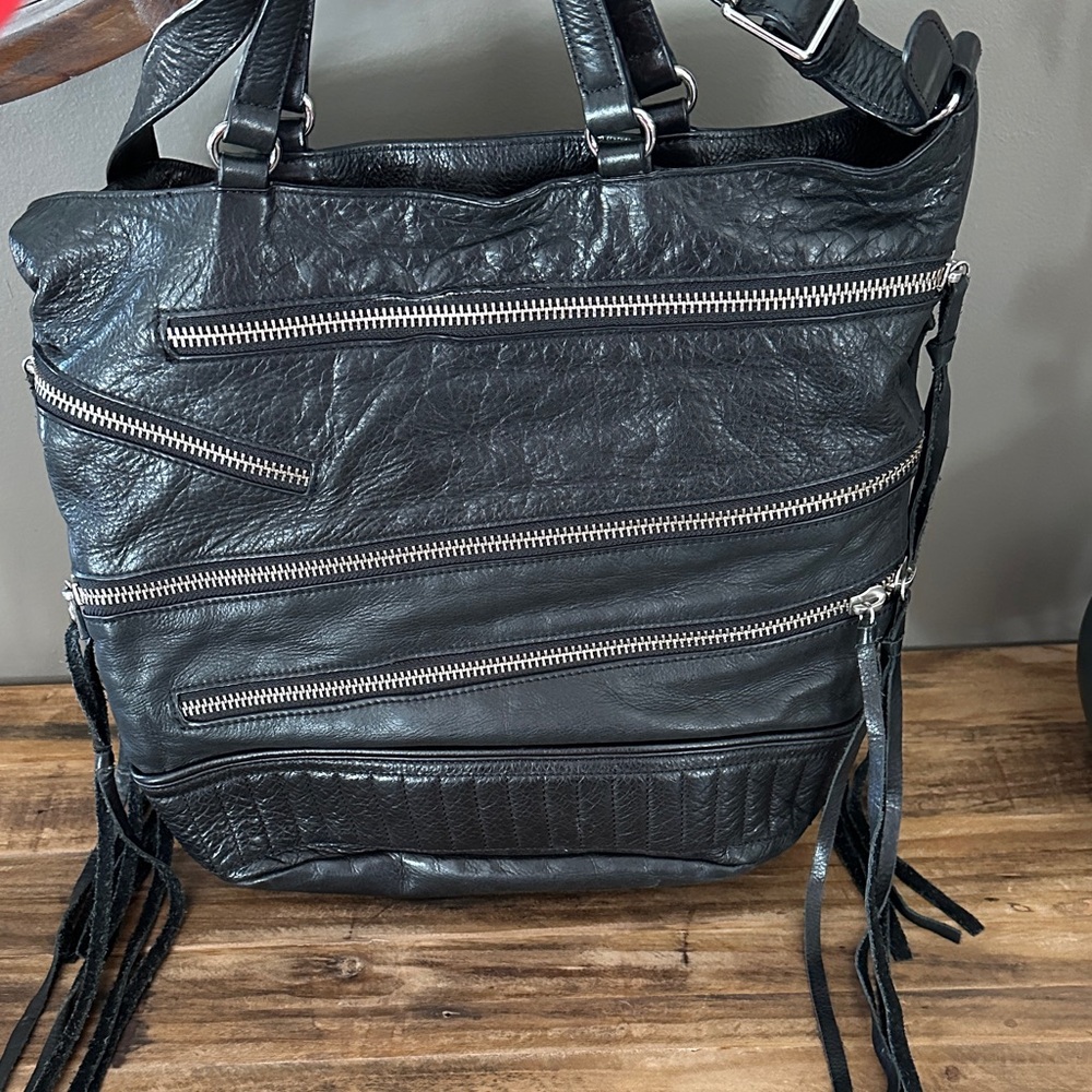 Ash Black Leather Fringe Shoulder Bag with Silver Zippers